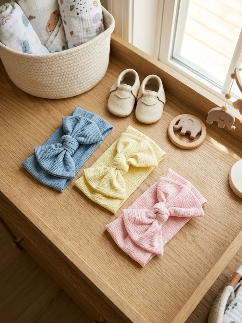 NEW trio of handmade Baby Girl bow Headband cute baby shower gift, nylon fabric.